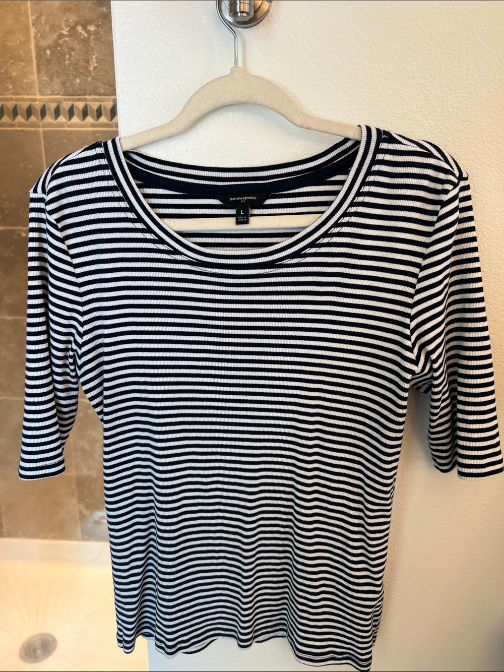 Banana Republic Navy & White Striped Scoop Neck Short Sleeve Top